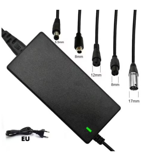 Universal Multi-Voltage Lithium Battery Charger with Interchangeable Plugs – 29.4V/42V/54.6V 2A Smart Charger for Scooters, Cameras, Routers, LED Lights &amp; More