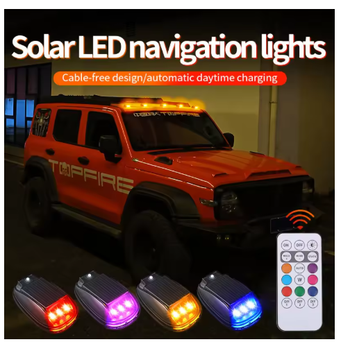 New Solar-Powered LED Vehicle Navigation Light | 8-Colour Remote-Controlled Vibration-Sensing Roof Warning Light | Waterproof Wireless Installation for Truck and Pickup Roof Decoration and Safety Lighting
