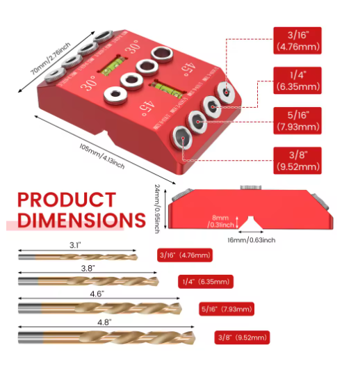 Professional Woodworking Drilling Jig with 4-Size Titanium-Coated Drill Bits | 30°/45°/90° Multi-Angle Mitre Drilling Fixture | Vertical/Horizontal/Round Tube/Corner Drilling | Durable Aluminium Alloy Guide
