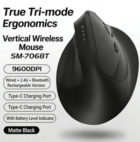 Vertical Mouse Ergonomic True Triple-Mode Wireless Mouse 2.4G/Bluetooth/Wired Triple-Mode Connectivity Rechargeable 9600 DPI Six-Level Adjustable Battery Level Indicator Silent Buttons Suitable for Office/Gaming/Laptops