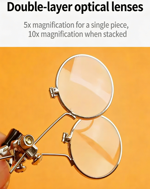 Double-Layer Clip-On Magnifier with Spectacle Clip Monocular Eyepiece 5x/10x Adjustable Magnification High-Definition Glass Lens Metal Frame Lightweight and Portable Ideal for Electronics Repair, Jewellery Appraisal, Precision Machining
