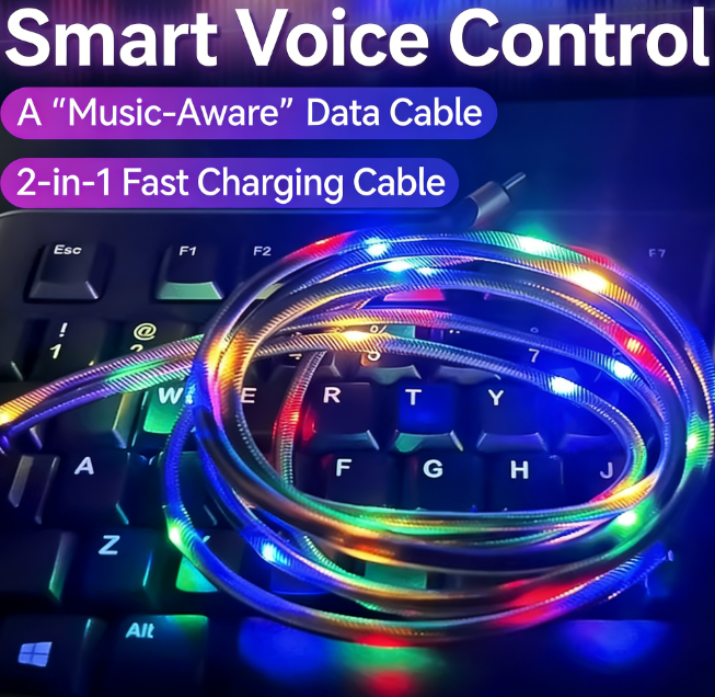 3-in-1 Smart Voice-Activated Rhythm-Synced LED Charging Cable 66W 6A Super-Fast Charging Cable Multi-Colour Glowing Charging Cable Compatible with Apple/Android/Type-C Devices