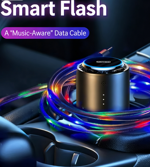 3-in-1 Smart Voice-Activated Rhythm-Synced LED Charging Cable 66W 6A Super-Fast Charging Cable Multi-Colour Glowing Charging Cable Compatible with Apple/Android/Type-C Devices