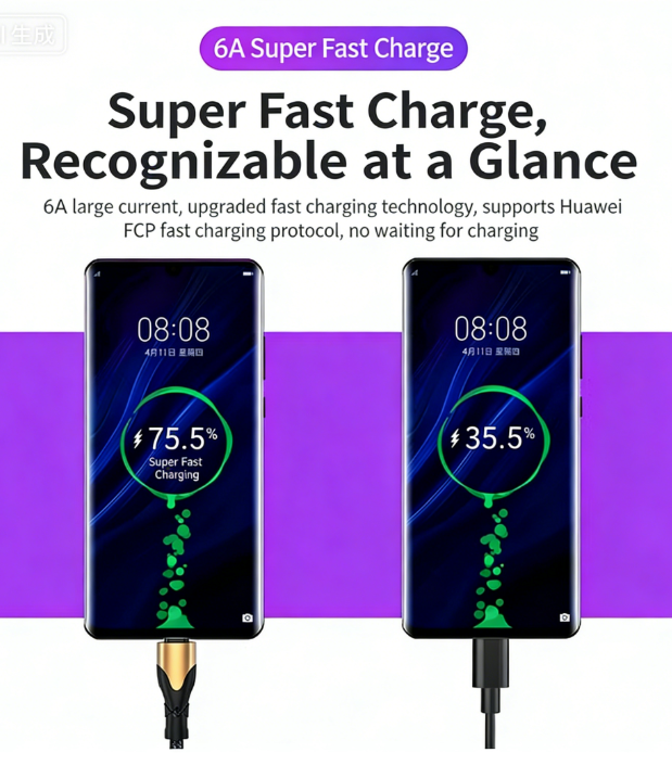 3-in-1 Smart Voice-Activated Rhythm-Synced LED Charging Cable 66W 6A Super-Fast Charging Cable Multi-Colour Glowing Charging Cable Compatible with Apple/Android/Type-C Devices