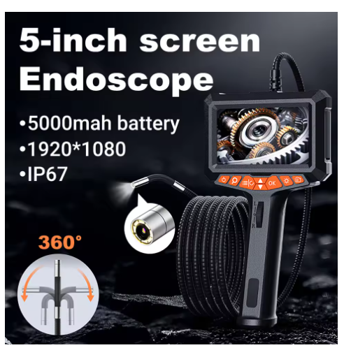 Plug and Play 360-Degree Rotating HD 5-Inch Industrial Endoscope 1080P Waterproof Pipe Inspection Camera Automotive Maintenance Diagnostic Tool Features 5000mAh Battery Supports Photo/Video Capture IP67 Waterproof Rating