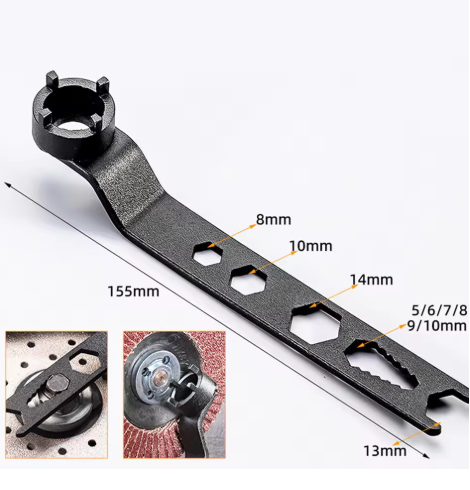 6-in-1 Multi-Function Four-Jaw Angle Grinder Wrench 155mm Extended Shank Suitable for 8/10/13/14mm and other specifications Specialised Removal Tool for Angle Grinders