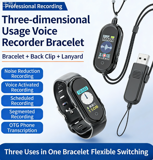 Smart Voice-Activated Recording Bracelet | Professional DSP Noise Reduction + Intelligent Voice Control | Three-in-One Flexible Switching | One-Touch Voice-to-Text | Extended Standby with Segmented Recording