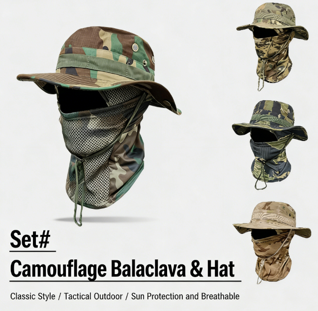 Camouflage Balaclava Set Outdoor Hiking Fisherman's Hat Drawstring Windproof Sun Protection Quick-Dry Hat Tactical Outdoor Fishing Cap Unisex Cycling Gear