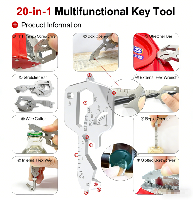 20-in-1 Multi-Functional EDC Key Tool | Portable Mini Outdoor Survival Kit | Stainless Steel Multi-Tool Screwdriver Set | Essential Daily Carry