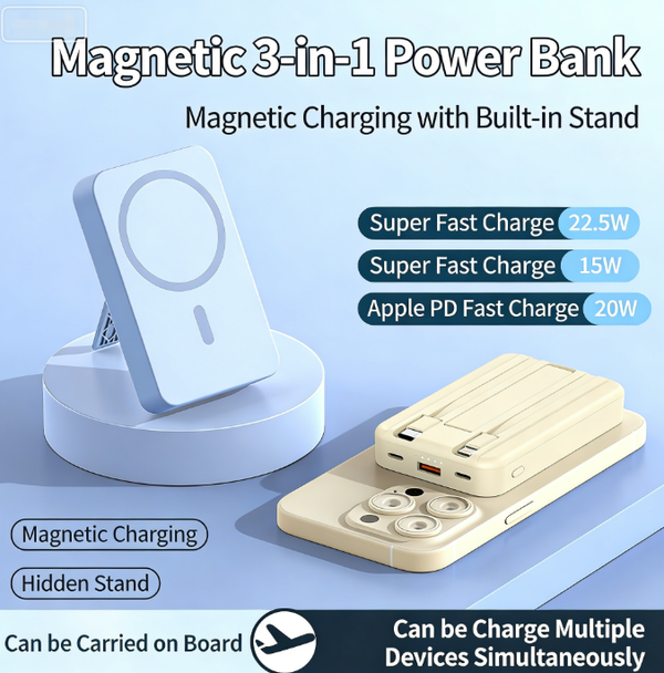 10000mAh iPhone Magnetic Wireless 22.5W Fast Charging Power Bank | Dual Cables + Hidden Stand Included | Portable Power Bank | 3C Certified | Airline-Approved |For iPhone Android