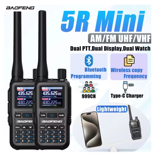 2Pcs Baofeng One Key Match UV-5R Mini 5W Ham Radio, 999-Channel Two-Way Radio with Bluetooth Programming, Type-C Charging, Dual PTT, Airband Reception, 1.44-inch Screen