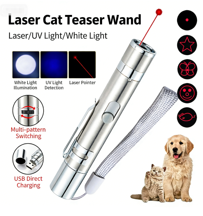 New Laser Cat Teaser Wand USB Rechargeable Infrared Self-Entertaining Gadget 5 Adjustable Patterns Triple-Light Multi-Function Lazy Cat Teaser Pen Cat Toy