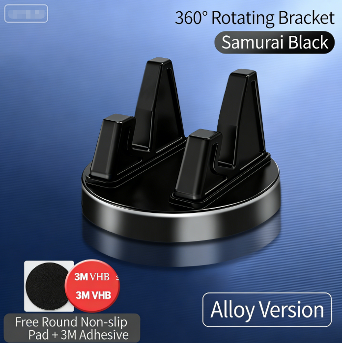 Car Phone Alloy Holder Mount, 360° Rotating Dashboard Stand Simple Installation Non-Slip Pad Included