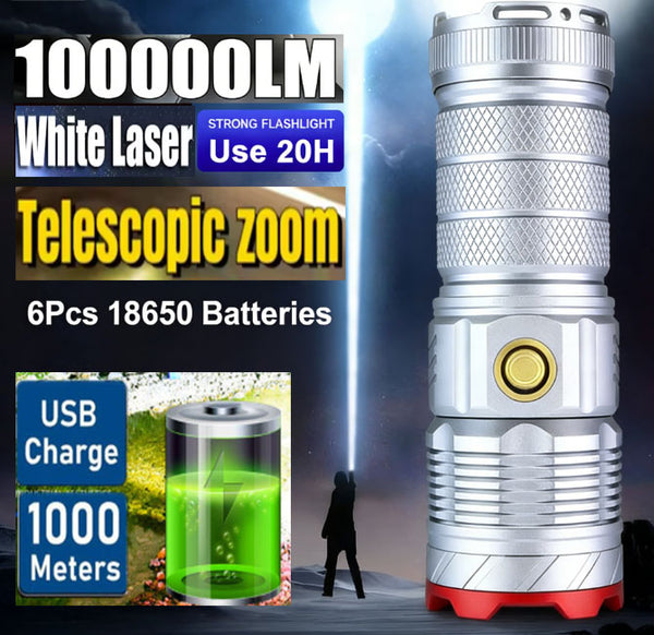 100000LM Ultra-Bright Long-Range Zoom White Laser Torch with 6Pcs 18650 Lithium Batteries 10-20 Hour Runtime USB Rechargeable Waterproof Aluminium Torch