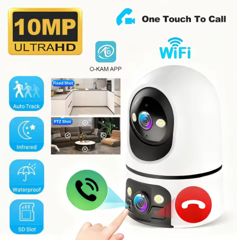 10MP Dual-Lens Wireless Surveillance Camera Home Indoor WiFi Camera Dual-View PTZ 355° Panoramic Infrared + Colour Night Vision 5x Zoom Two-Way Audio Motion Detection Supports TF Card/Cloud Storage