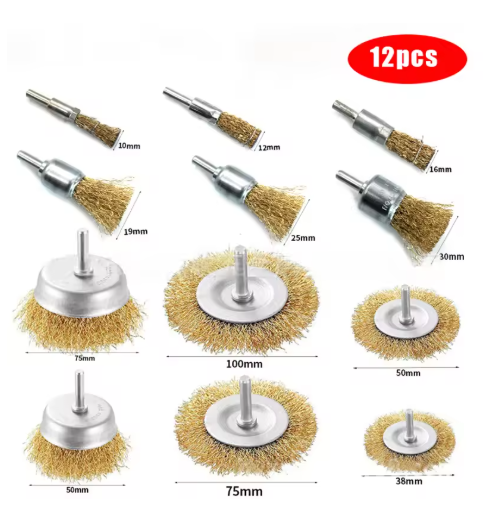 12Pcs Wire Wheel Set with Shank for Electric Drills | Grinding, Rust Removal & Polishing Tools 6mm Universal Shank Suitable for grinders, drills, angle grinders | Cleans metal, wood, stone surfaces