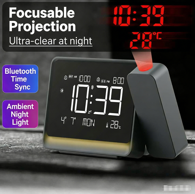 Premium Minimalist Bluetooth Projection Clock | Adjustable Focus, Ambient Lighting Effects and Smart Sensing | Auto-Dimming Display, Adjustable Focus Lens and Soothing Bedroom Night Light