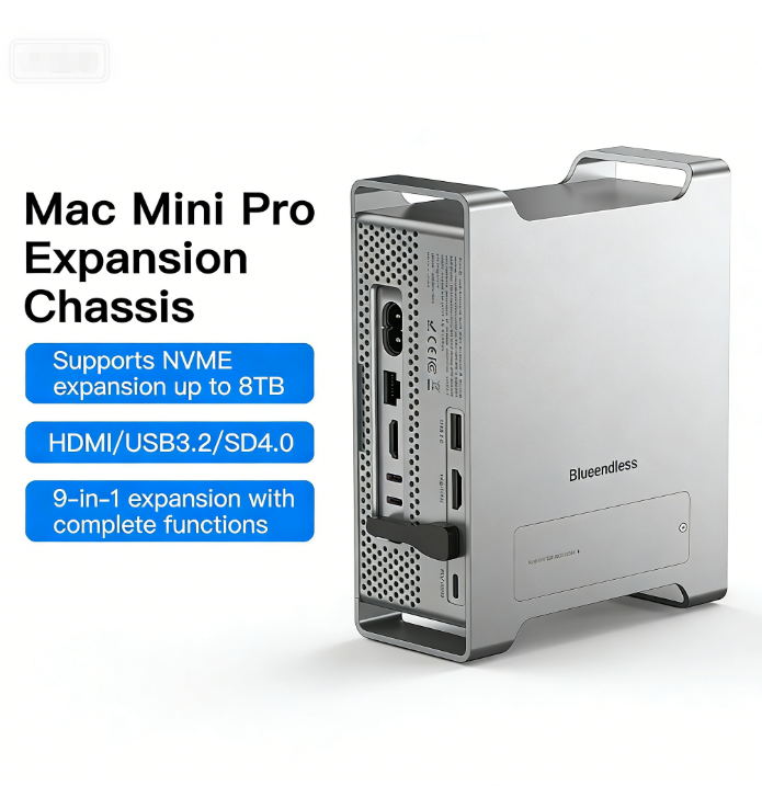 9-in-1 Expansion Dock Stand Supports NVMe SSD Enclosures Compatible with Mac Mini M4/M4 Pro 8TB Capacity Expansion 10Gbps High-Speed Transfer Dual 4K HDMI Display