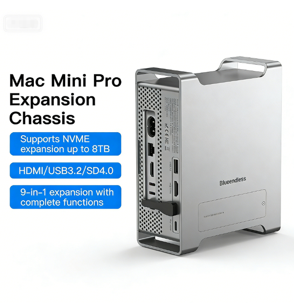 9-in-1 Expansion Dock Stand Supports NVMe SSD Enclosures Compatible with Mac Mini M4/M4 Pro 8TB Capacity Expansion 10Gbps High-Speed Transfer Dual 4K HDMI Display