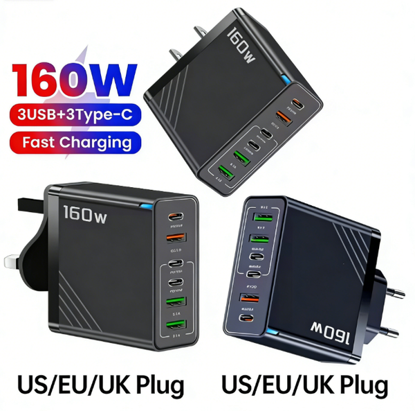 160W 3Type C+3USB 6 Ports Fast Charge Charger QC 3.0 Super Charging Adapter For iPhone Samsung Huawei