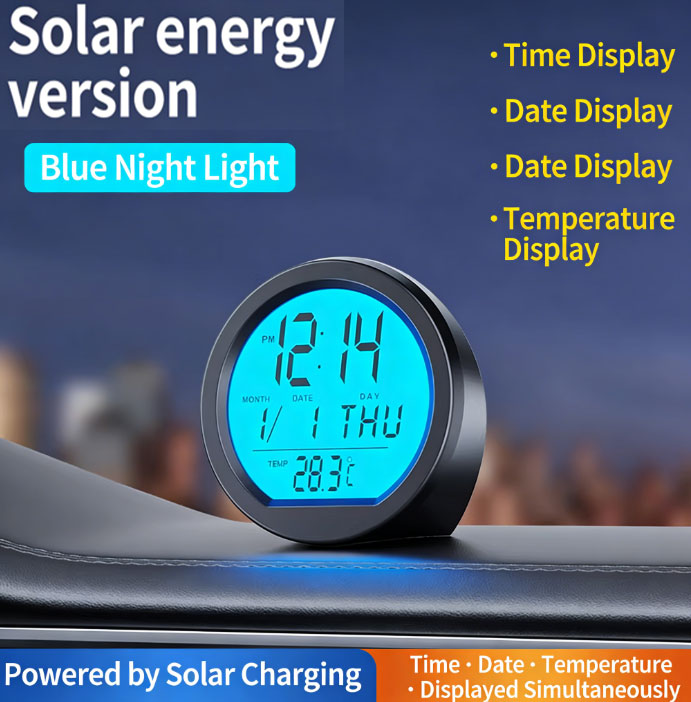 Solar-Powered Smart Light-Sensitive Glow-in-the-Dark Car Clock | Multi-Function Digital Dashboard Clock with Time, Date and Temperature Display