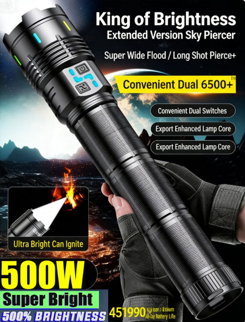 500W Ultra-Bright Flashlight with Extra-Large Battery Rechargeable, 6,500m Beam Range, 15-25Hours High-Capacity, Laser-Equipped, Waterproof and Shock-Resistant
