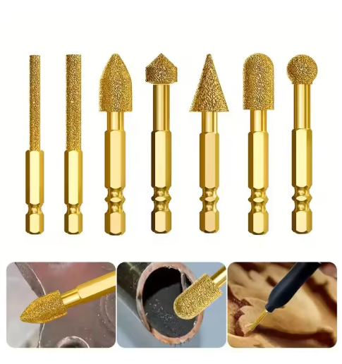 7Pcs Set Brazed Diamond Grinding Heads with Hex Shank, Carbide Rotary Files, Stone Grinding Heads, Angle Grinder Accessory Set, Grinding Tools for Cast Iron/Jade/Stainless Steel