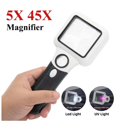 New 5X 45X  Handheld Reading and Appraisal Magnifier | 5x Main Lens + 45x Auxiliary Lens | 3LED+1UV Dual-Light Source Design | Ideal for Antique Appraisal, Reading for the Elderly, and Electronics Repair