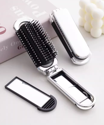 Portable Folding Comb | Comb with Built-in Mirror and Air-Cushion Massage Function | Tangle-Free for On-the-Go Use | Suitable for Men and Women with Long Hair