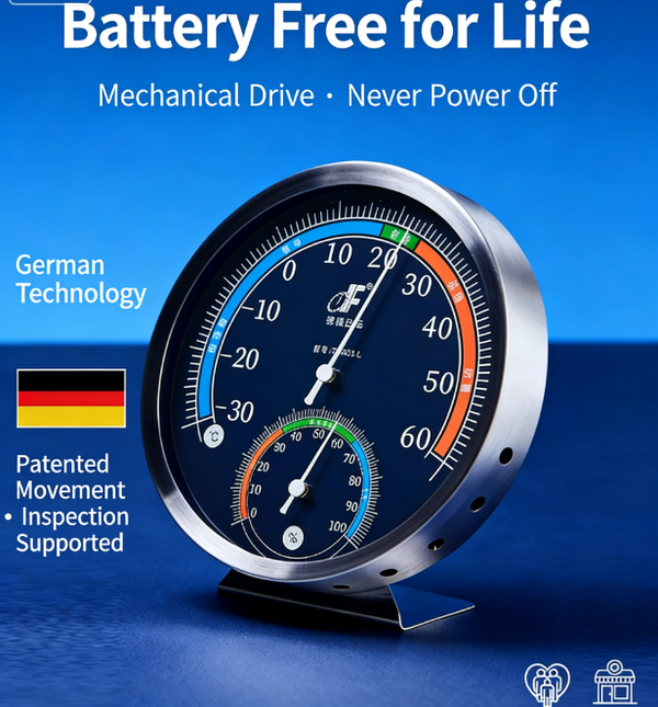 Stainless Steel Mechanical Thermohygrometer | Battery-free · German-engineered movement | High-precision laboratory grade | Wall-mounted or desktop | Suitable for home, nurseries, warehouses, pharmacies and fridges