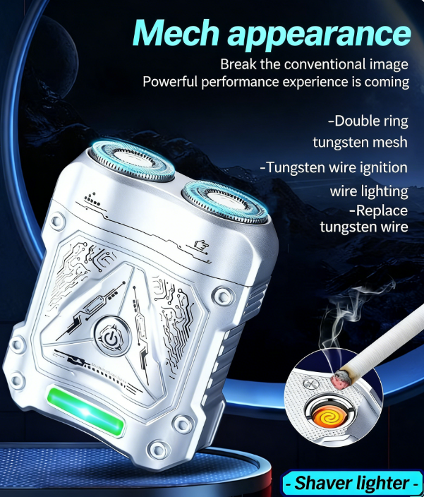 2-in-1 Electric Shaver with Tungsten Filament Lighter Essential for Outdoor Camping Dual-ring Blade Magnetic Blade Attachment, USB Charging Cool Lighting Portable Shaver and Lighter