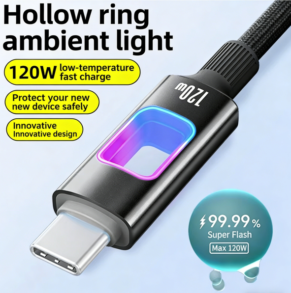 120W RGB LED Extends Phone Battery Life Charging Cable | Extends Battery Life, Ultra-Fast Charging, Compatible with Apple/Huawei/Samsung