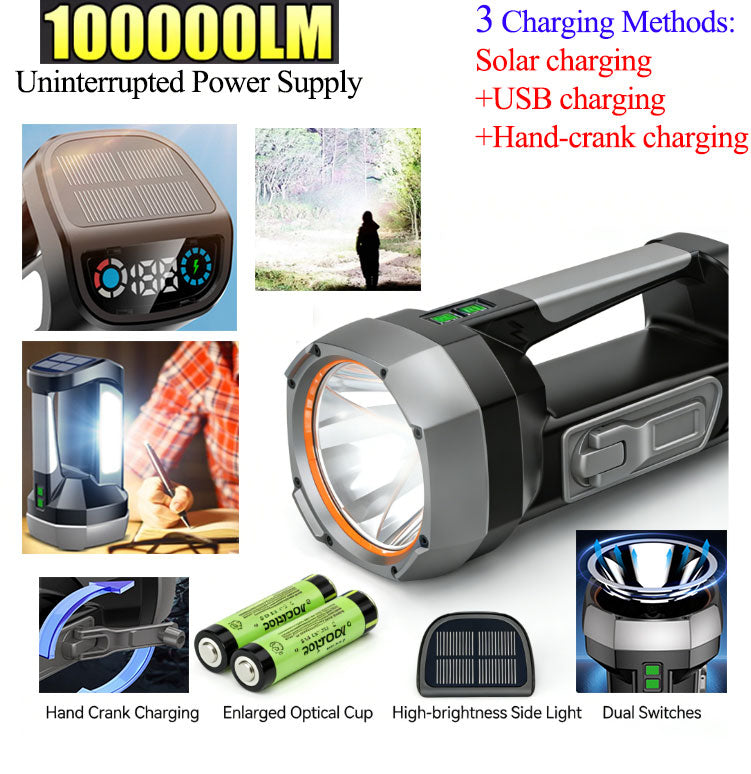 200W Hand-crank Generator+Solar Charging+USB Charging Torch with 2Pcs 18650 Batteries Ultra-bright Long-range Beam + Colourful Digital Display with Side Lights Say Goodbye to Range Anxiety