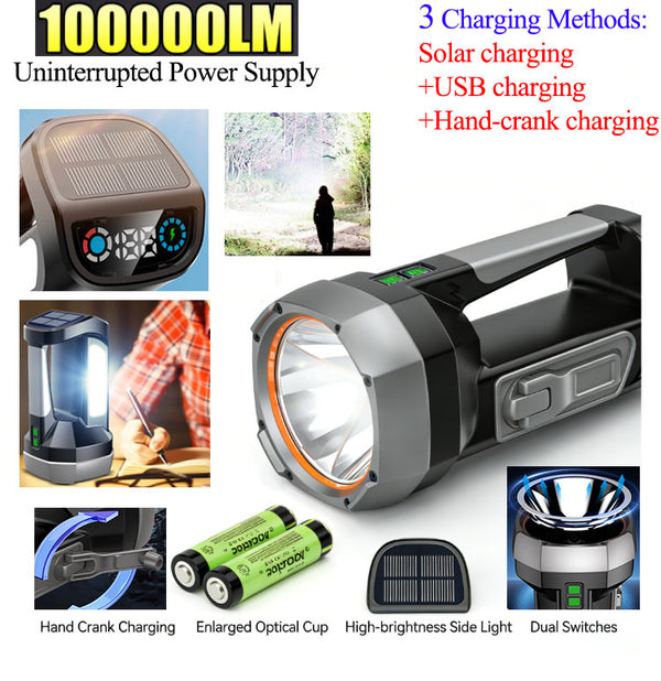 200W Hand-crank Generator+Solar Charging+USB Charging Torch with 2Pcs 18650 Batteries Ultra-bright Long-range Beam + Colourful Digital Display with Side Lights Say Goodbye to Range Anxiety