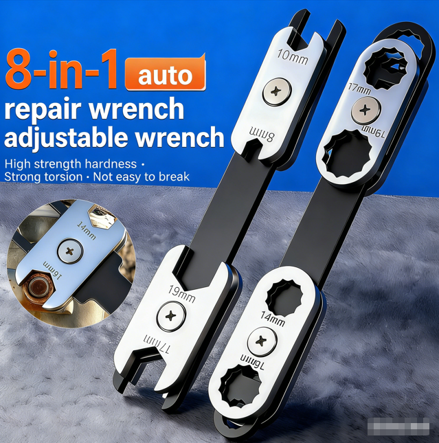 8-in-1 Adjustable Ratchet Wrench — one tool that replaces 8 traditional wrenches From 8mm to 19mm, you'll always have the right size at your fingertips