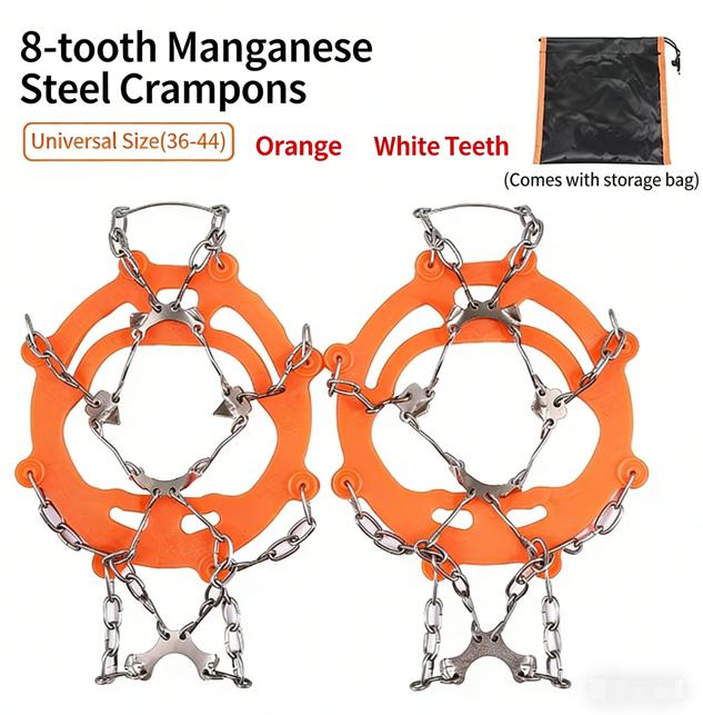 Outdoor 8-Prong Manganese Steel Anti-Slip Crampons | One Size Fits All (Sizes 36–44) | Cold-Resistant Reinforced Rubber – Essential for Snow Hiking