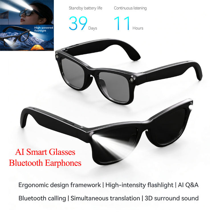 AI Smart Glasses High-powered torch,Simultaneous Translation,Bluetooth Earphones,AI Q&A,Blue Light & UV Protection Sunglasses Style/Clear Style