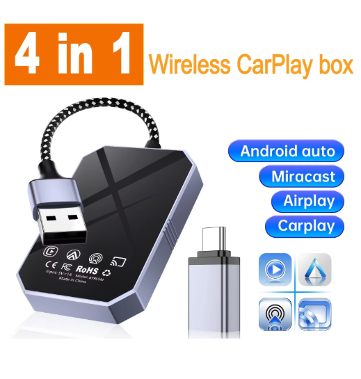 4-in-1 CarPlay Smart Box | Wired to Wireless – CarPlay, Android Auto, AirPlay, Miracast Plug & Play | Bluetooth 5.0 | 5G WiFi | Original Touch Control