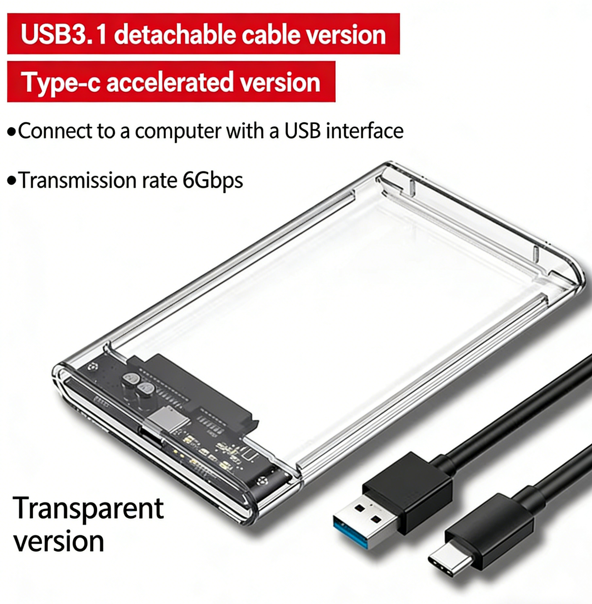 USB 3.1 External HDD Enclosure, 5–6 Gbps, 2.5-inch Transparent Hard Drive Enclosure, SATA HDD/SSD Storage Case for Laptops