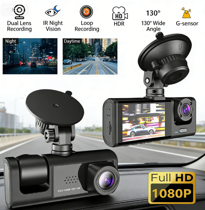 3-Channel 1080P Night Vision Dash Cam: Front, Interior & Rear Triple Recording with WiFi & Reversing Camera 170° Ultra-wide Angle 24/7 Parking Guard 2" IPS Screen