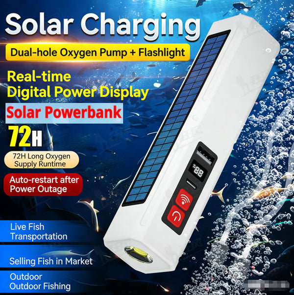 Solar-powered 3-in-1 Portable Power Bank + Oxygen Pump + Torch  LED Display Torch Light 72-hour Ultra-Long Oxygen Supply with 18650 High-Capacity Battery
