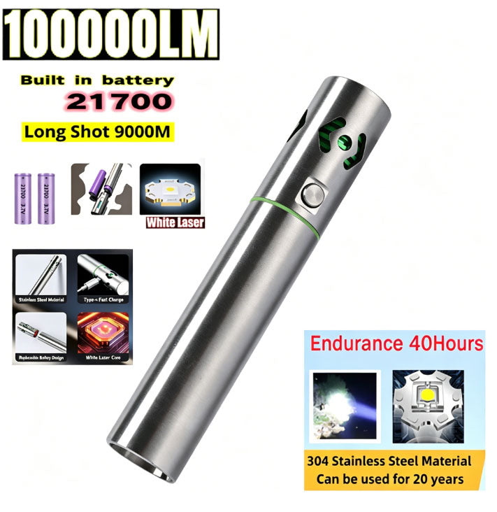 Stainless Steel High-Power Flashlight 9,000M Beam Distance, 100000 LM White Laser Bulb, With 2Pcs 21700 Tesla Li-ion Battery 40 Hours High Endurance 20 Years of Use Type-C Fast Charging, Removable Lithium Battery