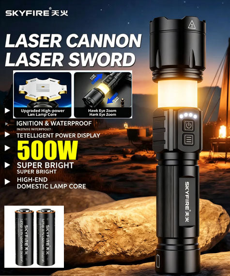 SKYFIRE 500W New Laser-Core High-Power Flashlight 5000mAh 26700 High-Capacity Battery | Splash-Proof | High-Intensity Flashlight + 360° Hidden Side Light = All-Scenario Lighting System