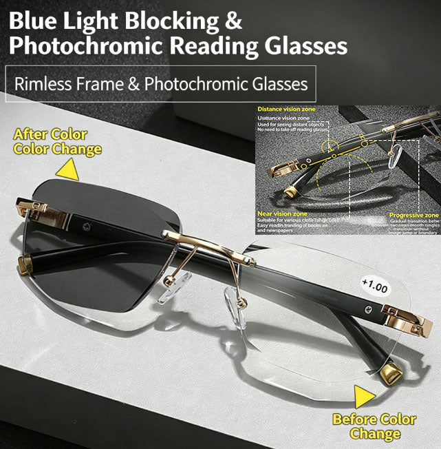 Metal Frameless Luxury Smart Zoom Anti-Blue Light Photochromic Reading Glasses Progressive Multifocal Design for Both Near and Far Vision