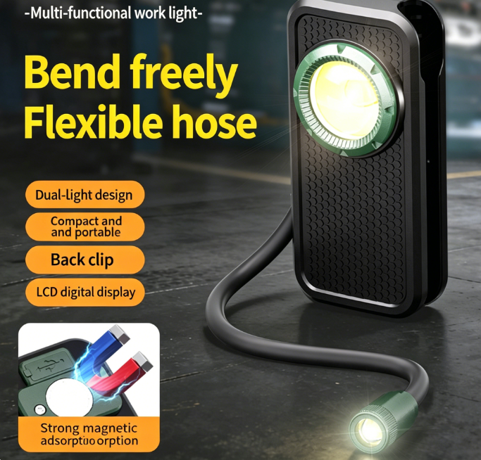 100W EDC COB Magnetic Work Light with 360° Flexible Neck, Clip-On Pocket Flashlight – USB-Rechargeable Digital Display Emergency Light, Essential for Home, Auto Repair, and Camping