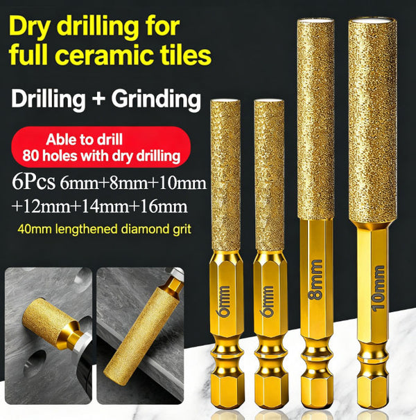 6Pcs 6mm-16mm 1/4" Hex Shank Dry Diamond Punching Hole Drill Bit – Porcelain Tile Drilling Without Water Core Drill Bit for Hard Materials