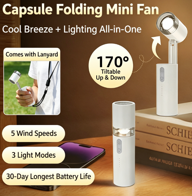 2-in-1 Cooling + Lighting Compact Foldable Fan | 5-Speed Turbo Mode + 3-Level Lighting + 30-Day Ultra-Long Battery Life—Handheld, Neck-Wear, and Desktop 170° Folding and Rotation