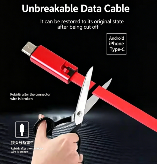 2Pcs 1.5m Long Repairable Charging Cable Simply Cut and Regrow When Broken | Compatible with Apple, Android, and Type-C Wide, Flat Cable Zinc Alloy Connectors+TPU Anti-Tangle Cable Body
