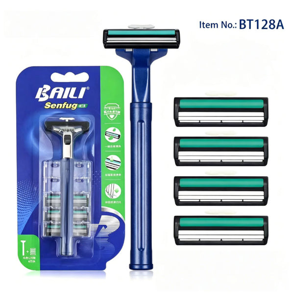 BAILI Series Manual Razor Dual-Layer Ultra-Thin Blades+Enhanced Lubrication Strip 1 Razor Stand with 4/6 Blade Cartridge Set (BT128A / BT166)