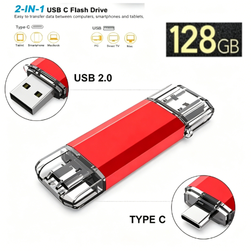 128GB USB Flash Drive with Dual USB 2.0/3.0 and Type-C Ports – Universal Drive for Phones and Computers, High-Speed Transfer, Metal Body, Expand Storage for Phones and Tablets